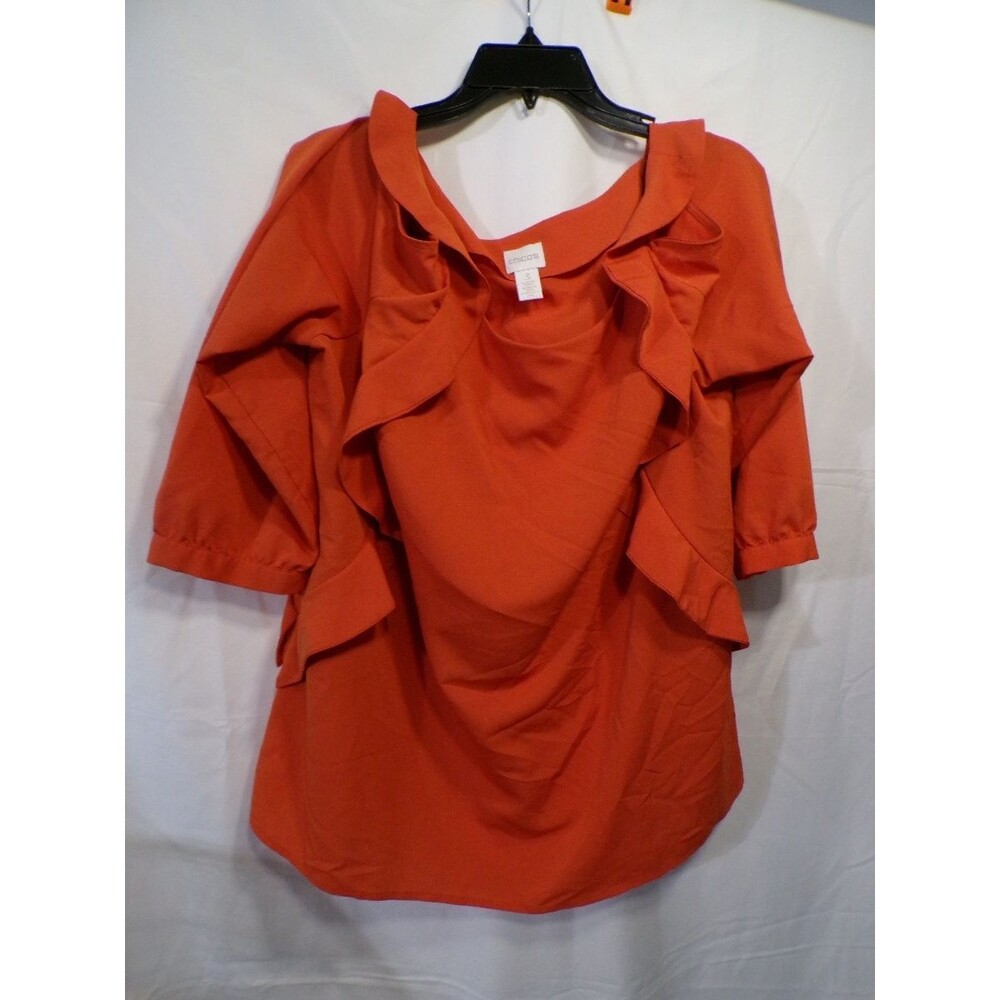 Chico's Women's M Orange Ruffle Cold Shoulder Blouse Top Tunic